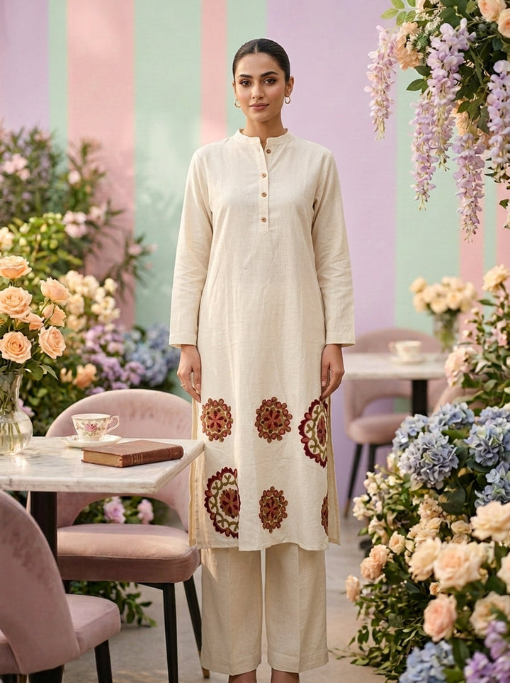 Neerus White cotton thread embroidered suit set - front view