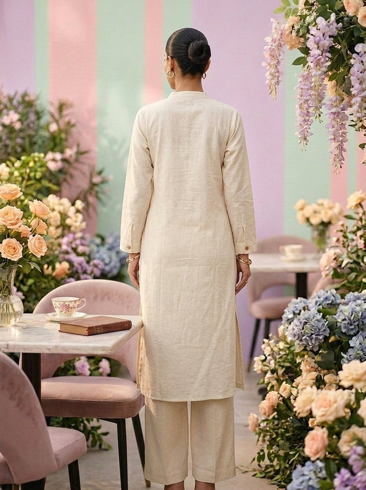 Neerus White cotton thread embroidered suit set - back view