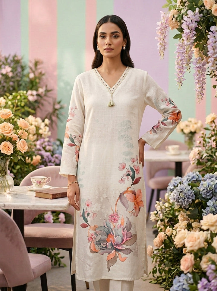 Neerus Green linen thread embroidered suit set - front view