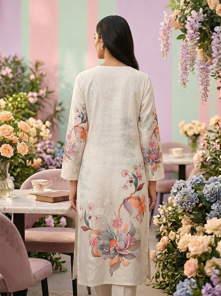 Neerus Green linen thread embroidered suit set - back view