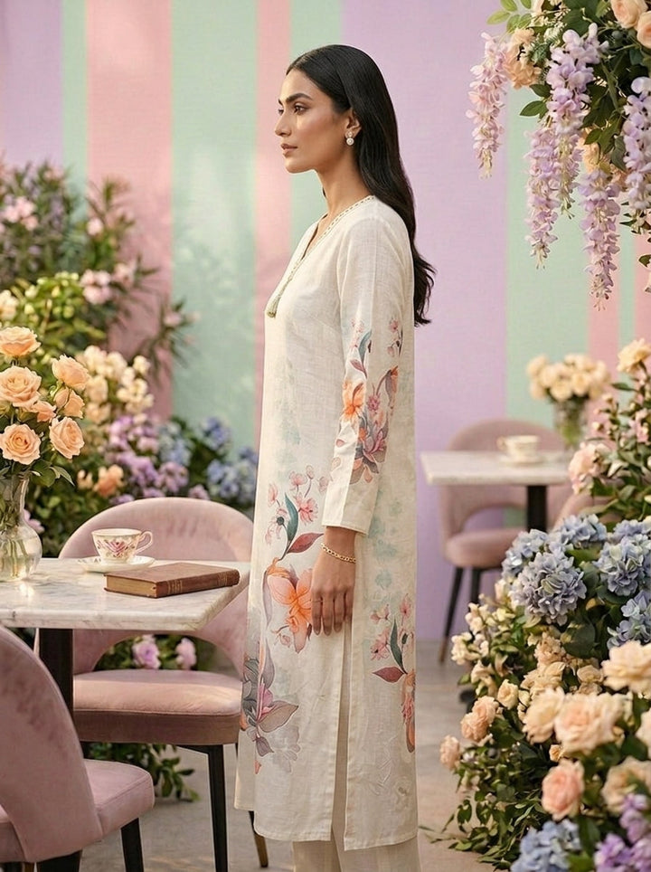 Neerus Green linen thread embroidered suit set - side view