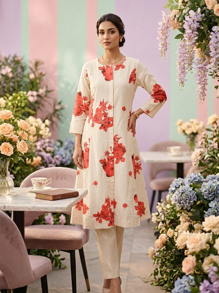 Neerus Red cotton printed suit set - front view