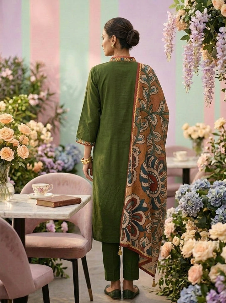 Neerus Green cotton printed suit set - back view