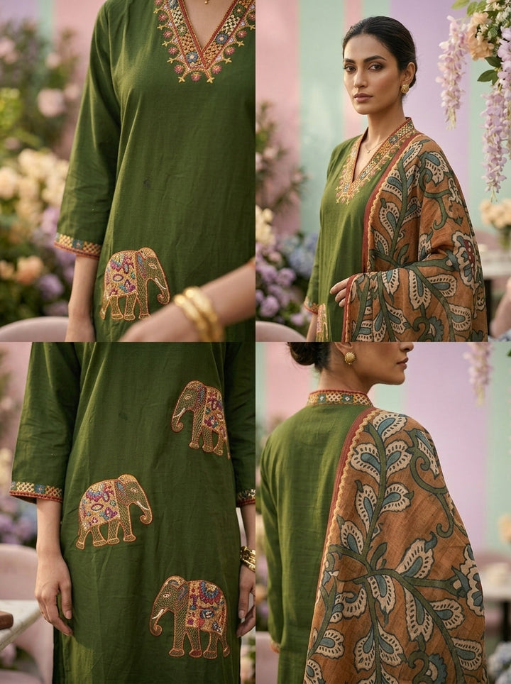 Neerus Green cotton printed suit set - side view
