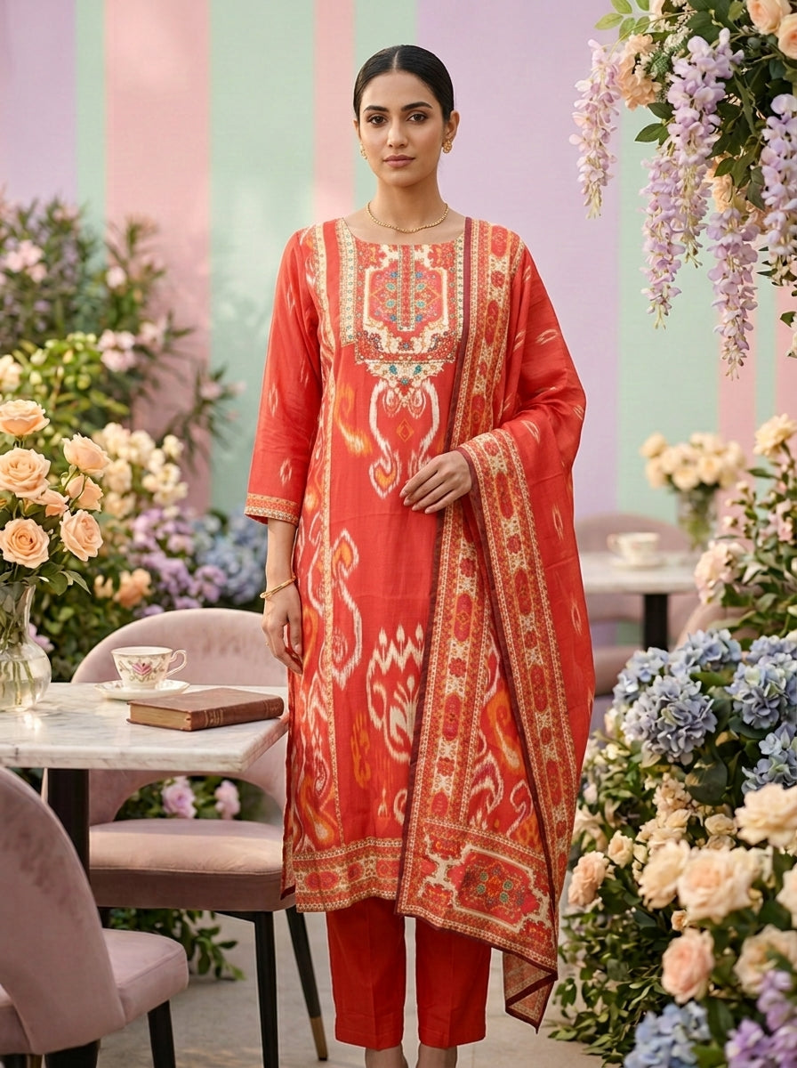 Neerus Orange muslin embellished suit set - front view