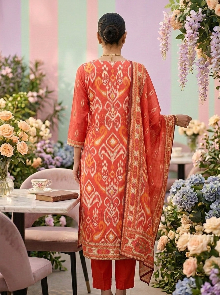 Neerus Orange muslin embellished suit set - back view