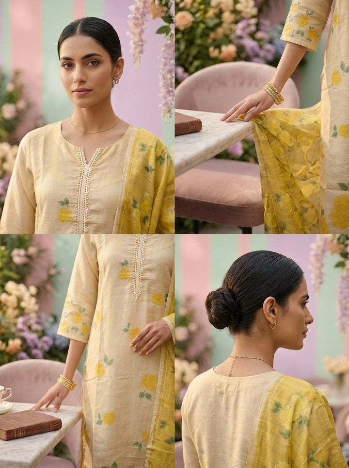Neerus Yellow tissue digital printed suit set - detail view 1