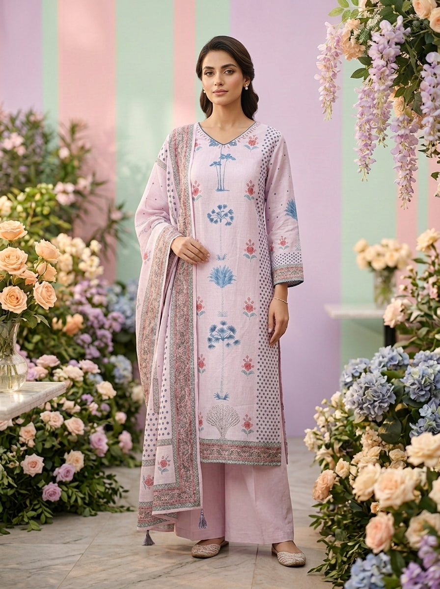 Neerus Purple rayon printed suit set - front view