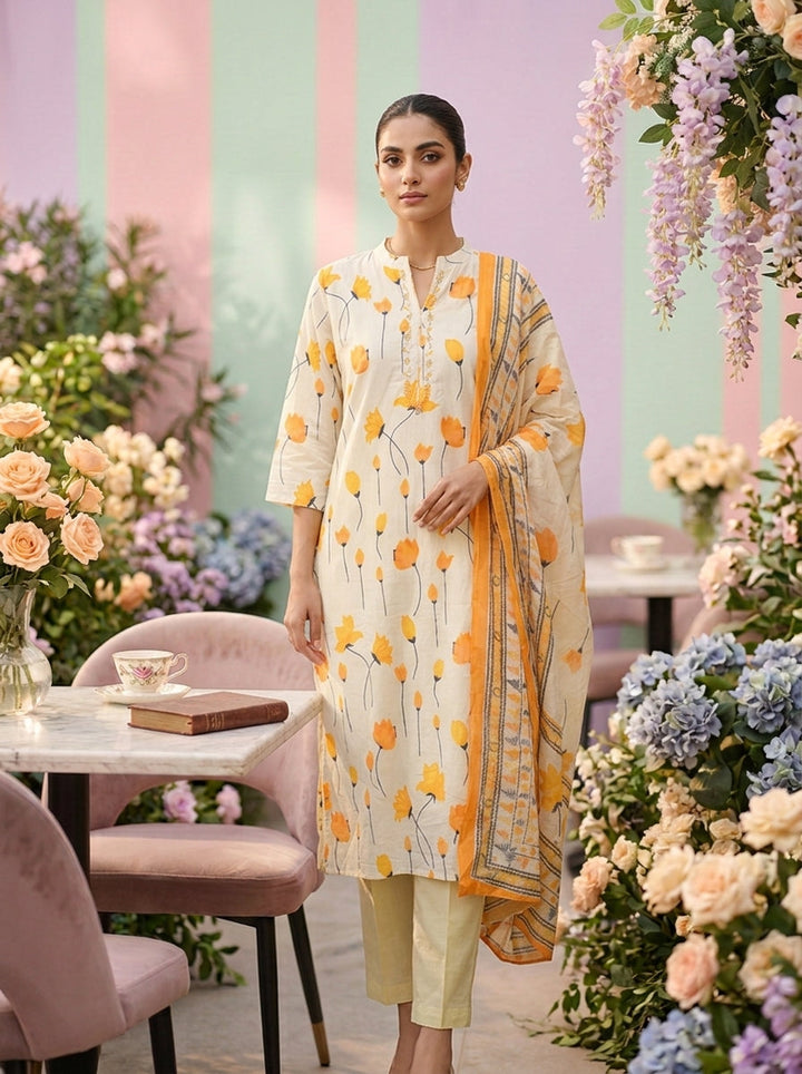 Neerus Yellow cotton printed suit set - front view