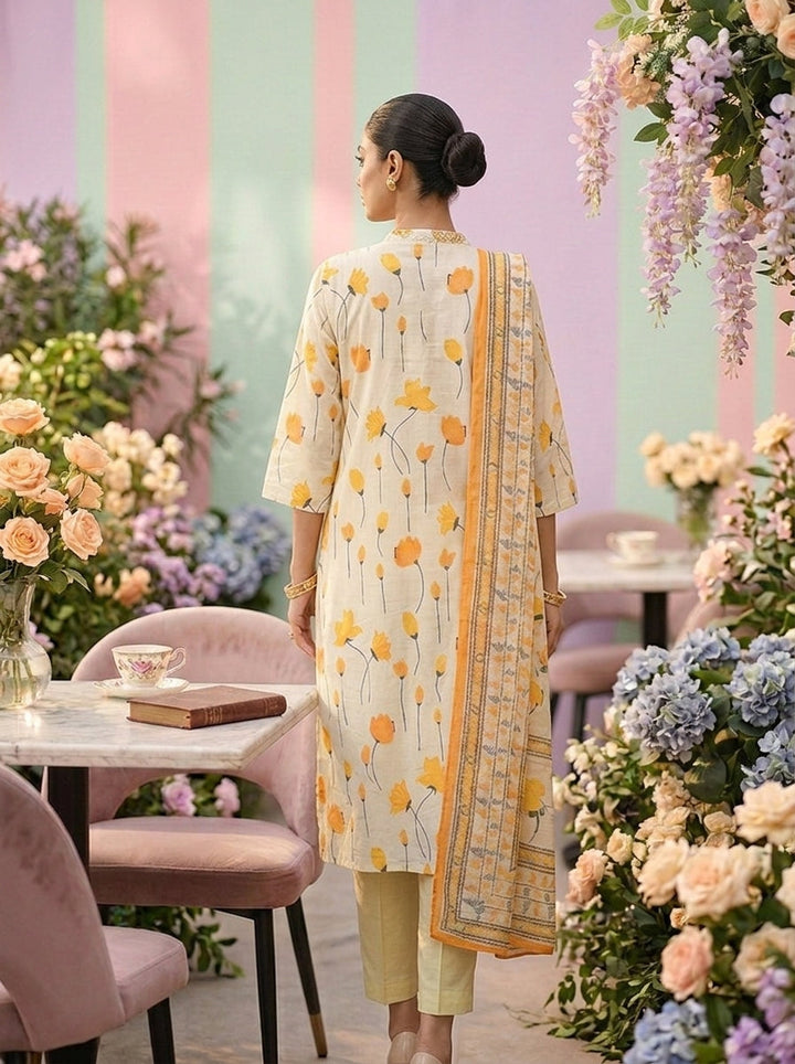 Neerus Yellow cotton printed suit set - back view
