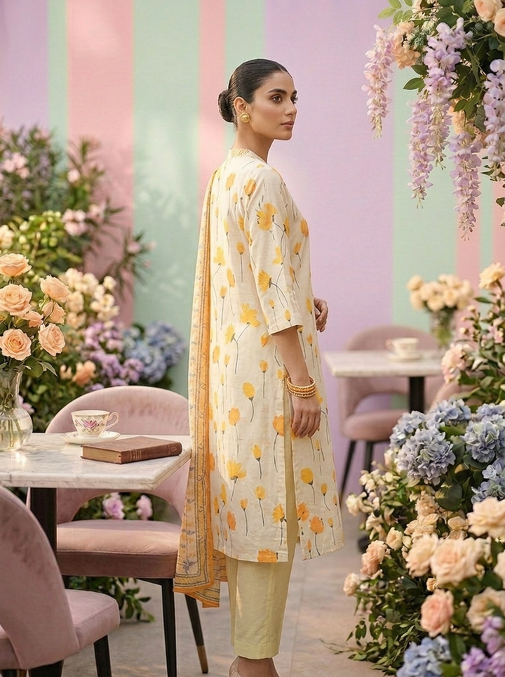 Neerus Yellow cotton printed suit set - side view