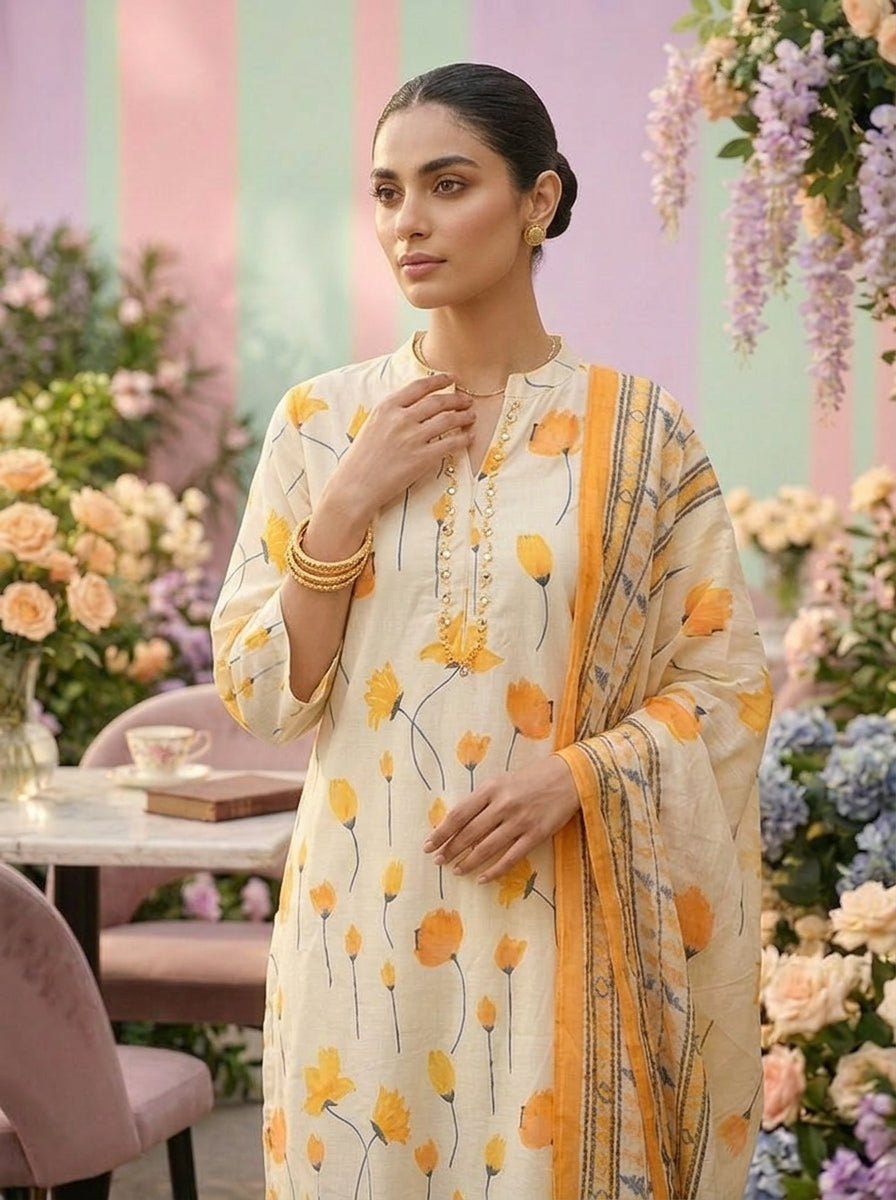 Neerus Yellow cotton printed suit set - detail view 1