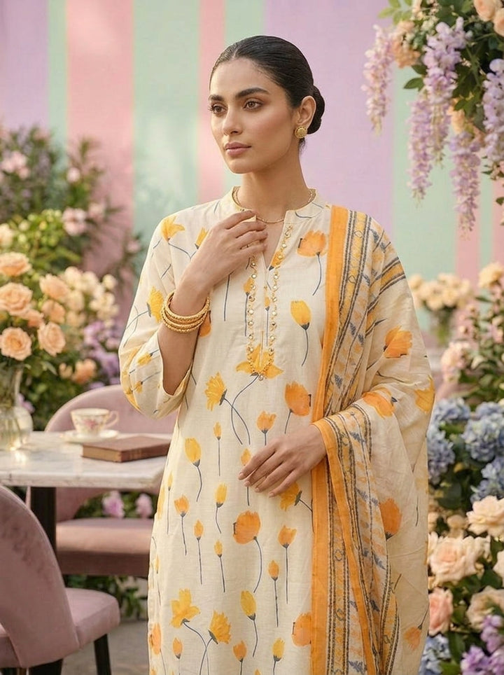 Neerus Yellow cotton printed suit set - detail view 1