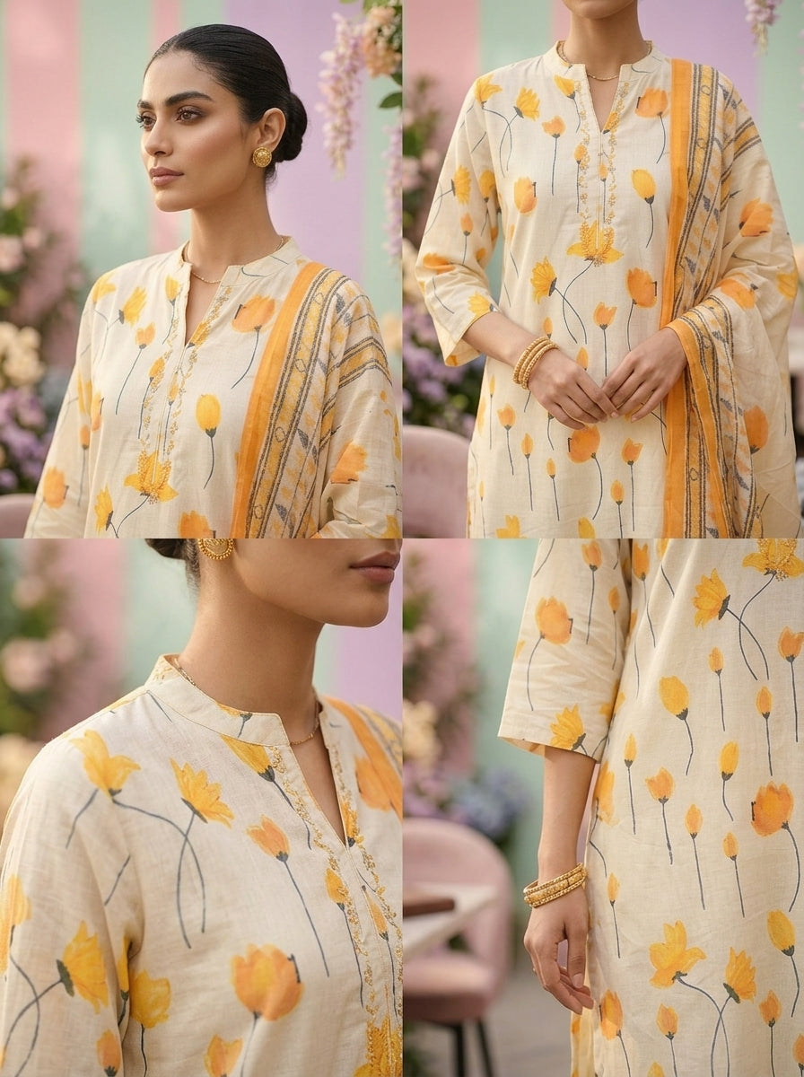 Neerus Yellow cotton printed suit set - detail view 2
