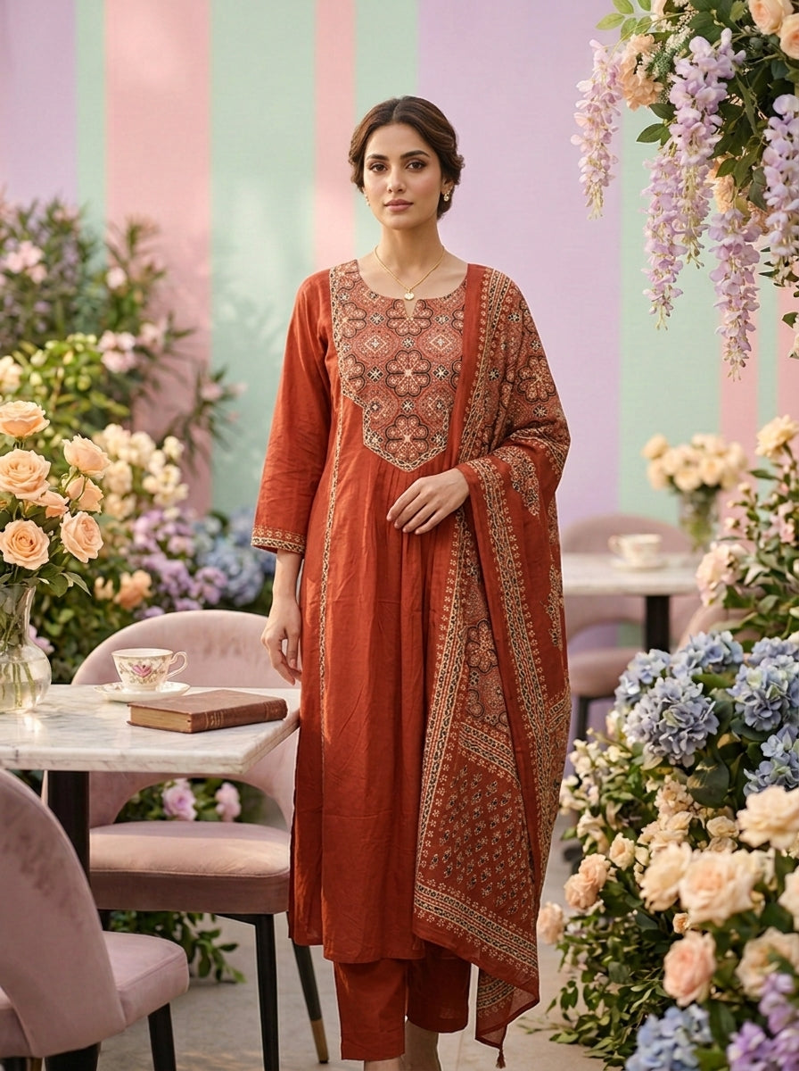 Neerus Orange cotton printed suit set - front view