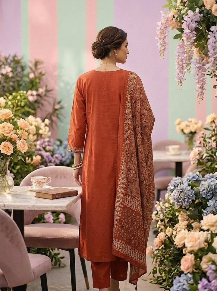 Neerus Orange cotton printed suit set - back view