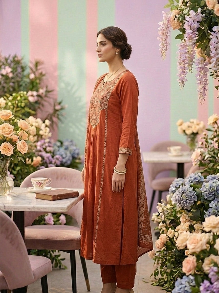 Neerus Orange cotton printed suit set - side view