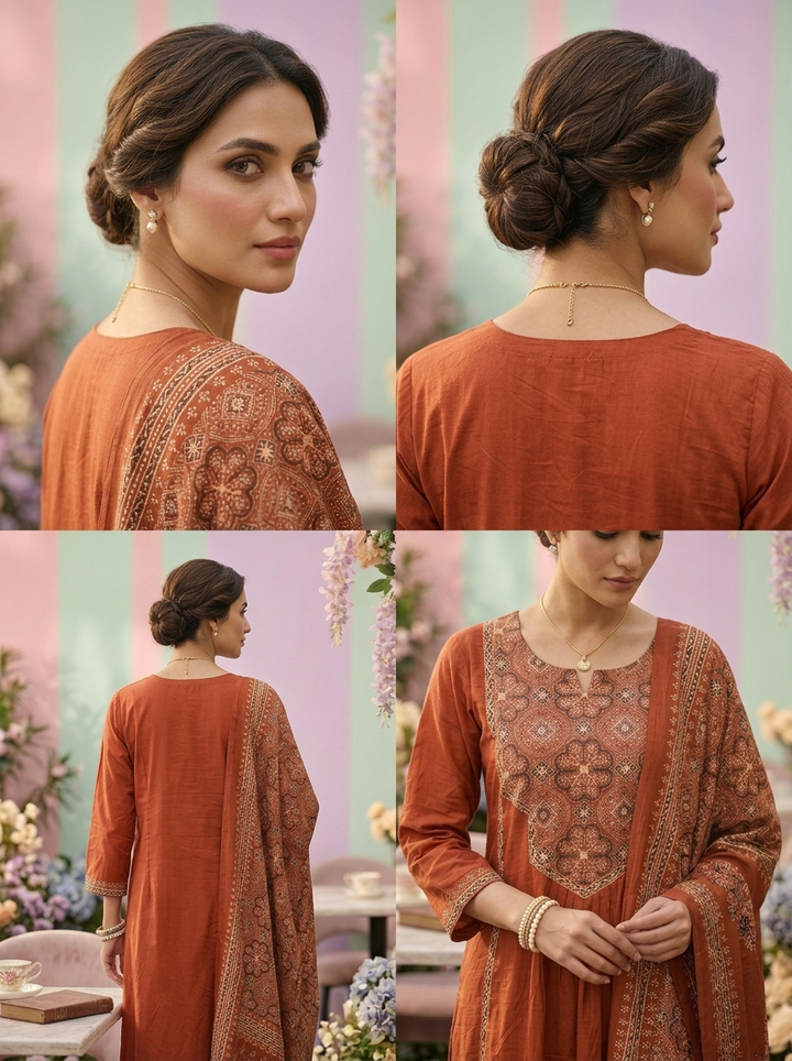 Neerus Orange cotton printed suit set - detail view 2