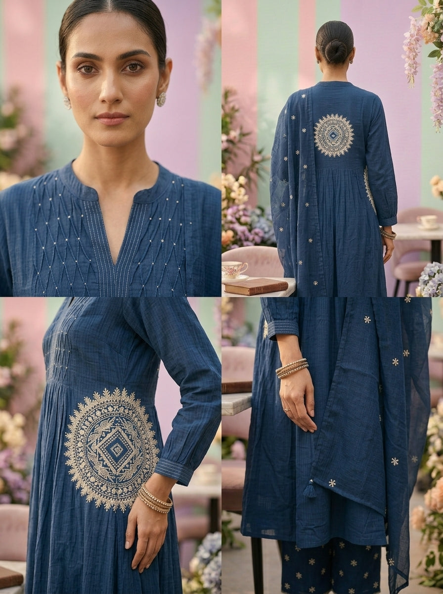 Neerus Blue cotton straight suit set - detail view 2