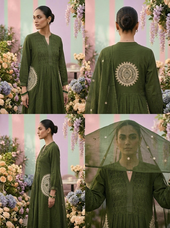 Neerus Green cotton solid suit set - detail view 2