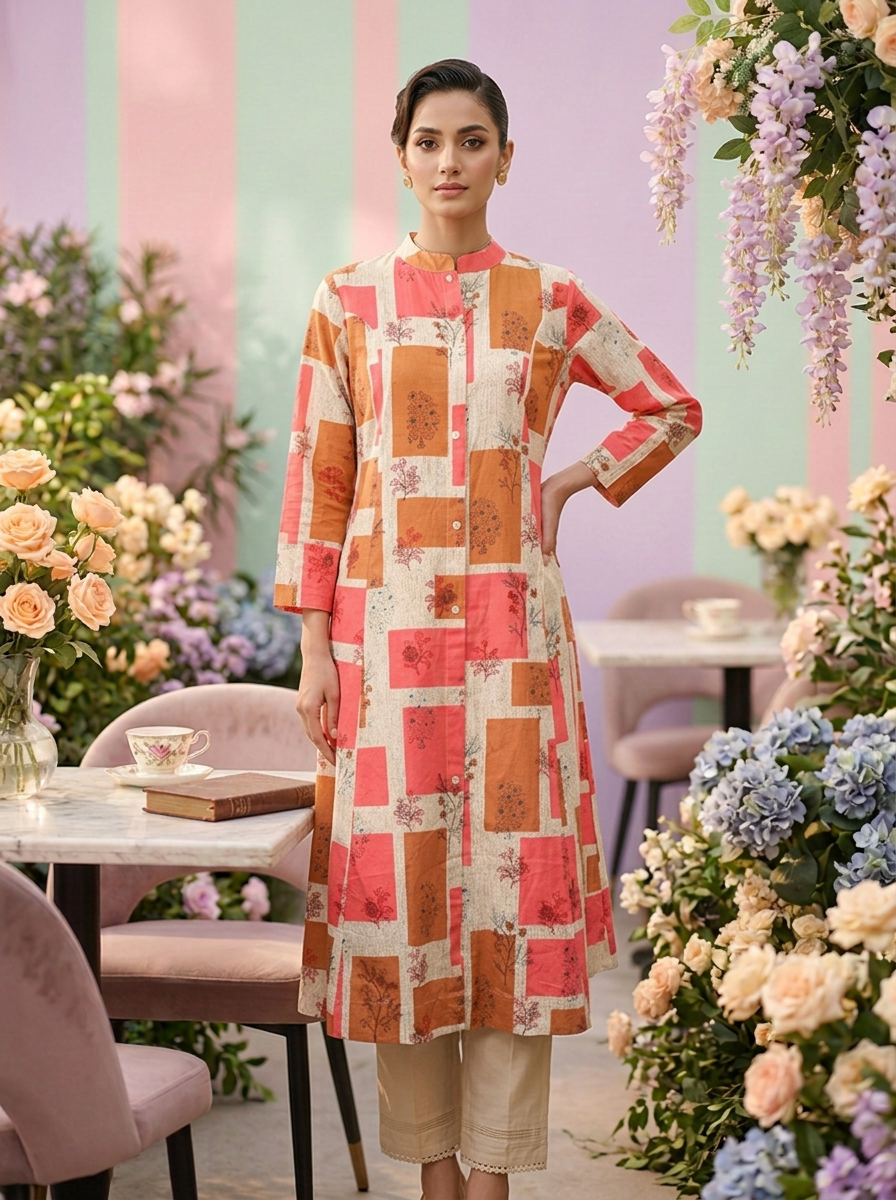 Neerus Orange cotton printed suit set - front view