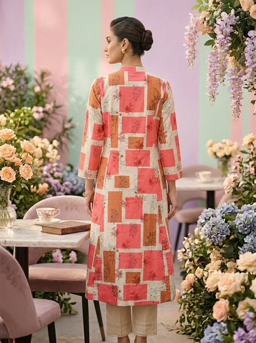 Neerus Orange cotton printed suit set - back view