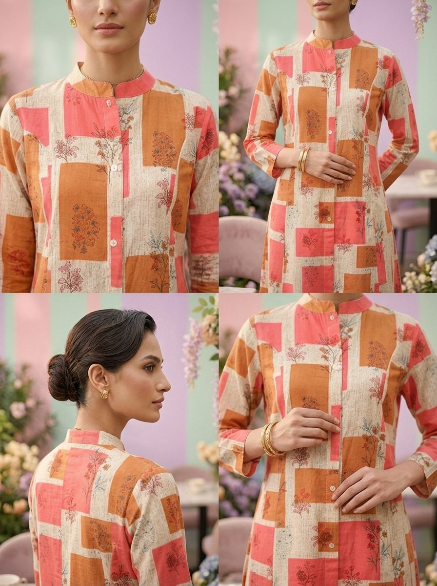 Neerus Orange cotton printed suit set - detail view 2