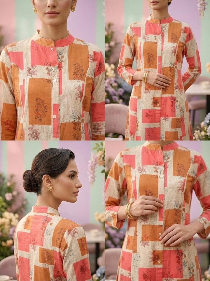 Neerus Orange cotton printed suit set - detail view 2