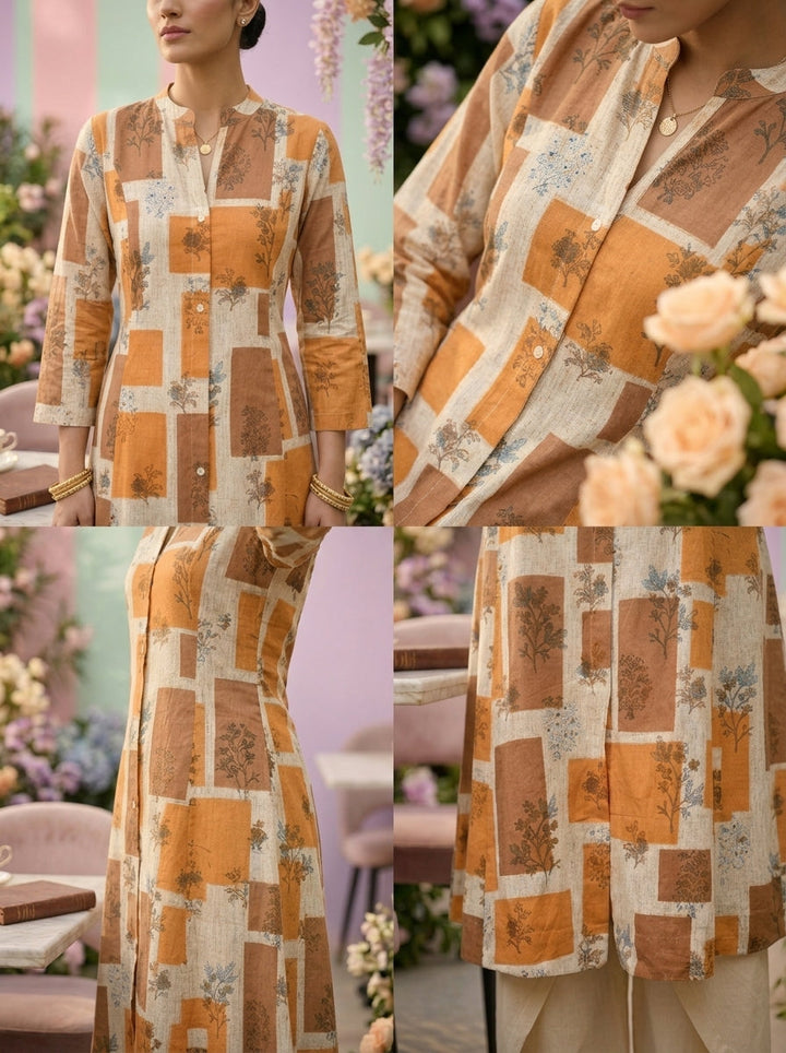 Neerus Yellow cotton printed suit set - detail view 2