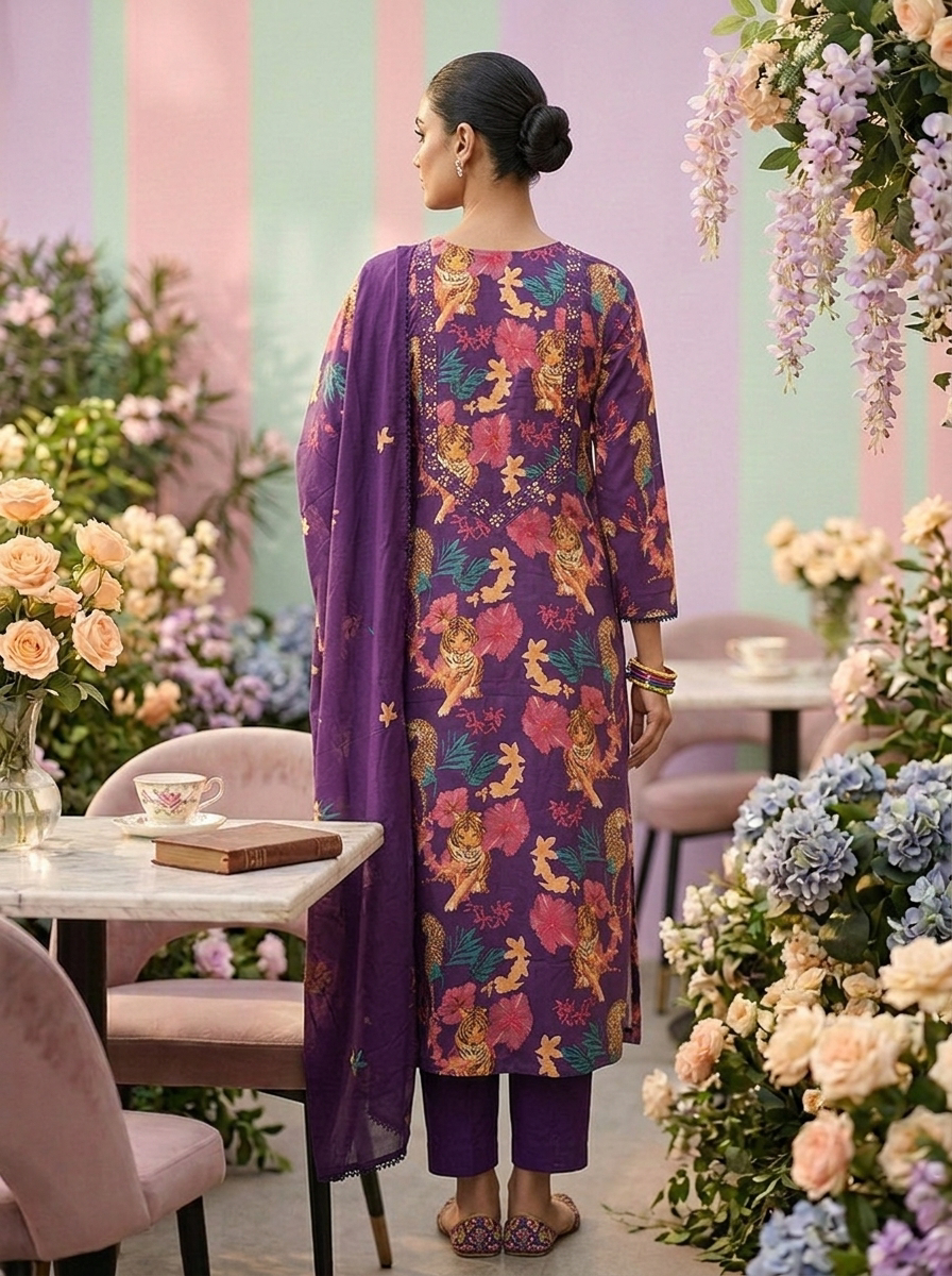 Neerus Purple cotton printed suit set - back view