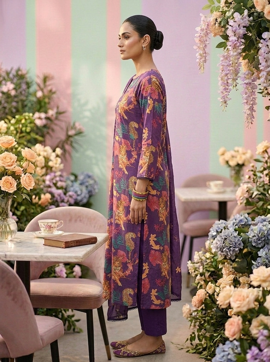 Neerus Purple cotton printed suit set - side view