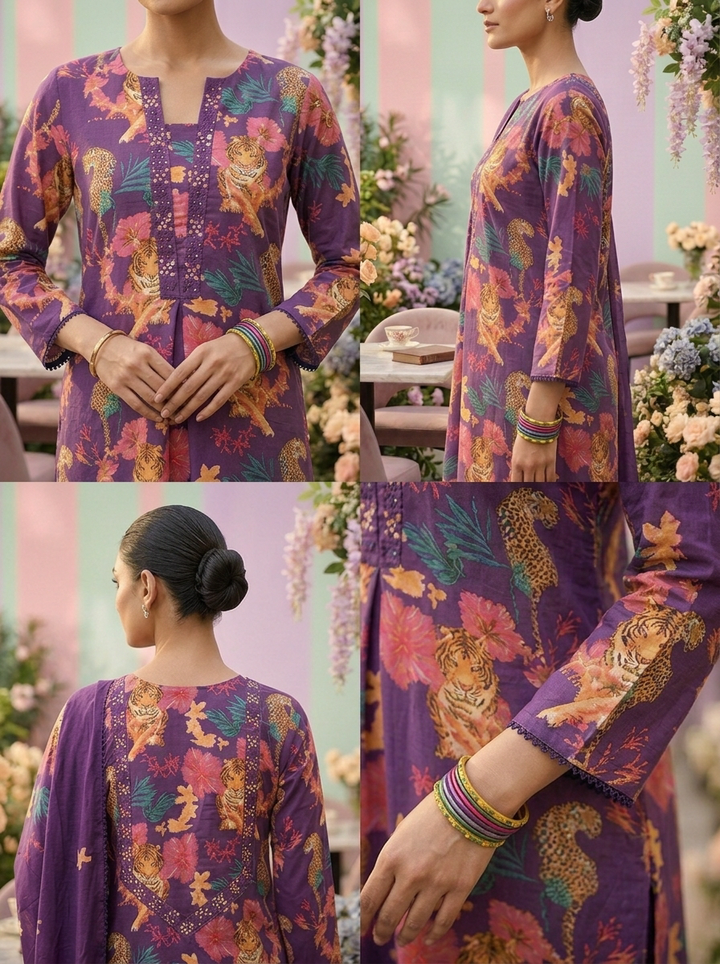 Neerus Purple cotton printed suit set - detail view 2