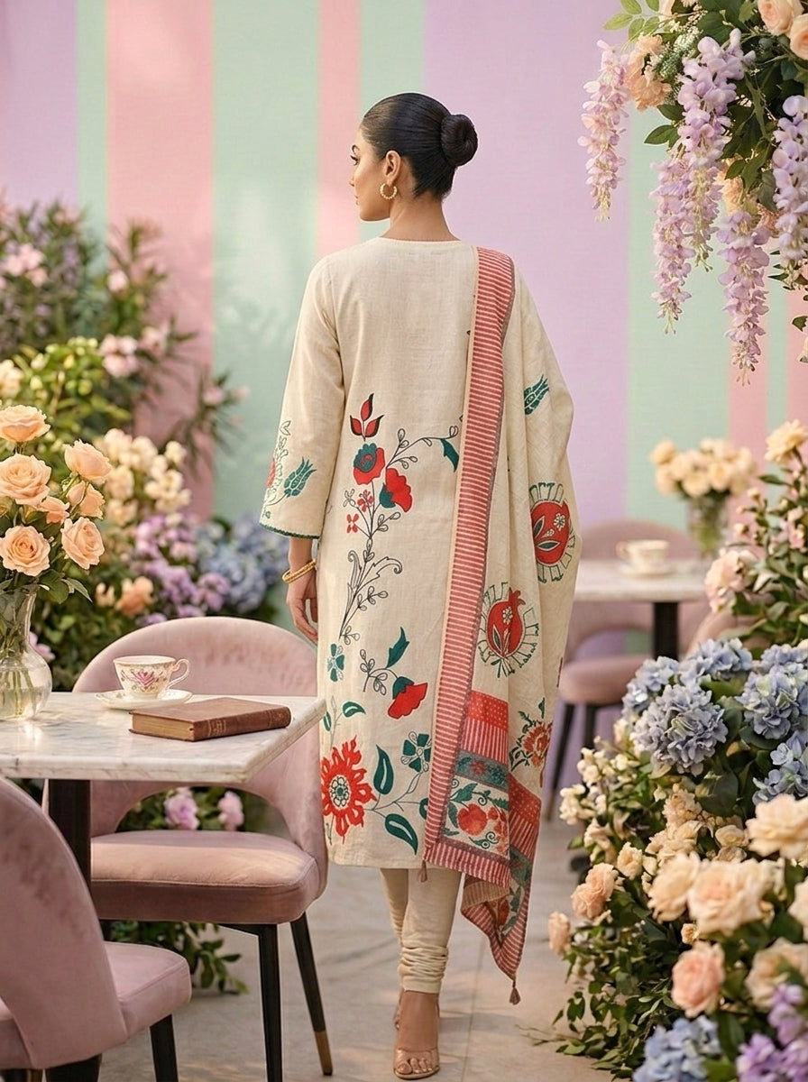 Neerus Beige cotton printed suit set - back view