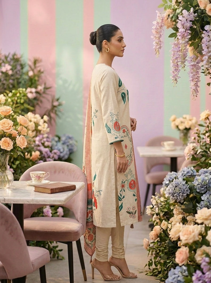 Neerus Beige cotton printed suit set - side view