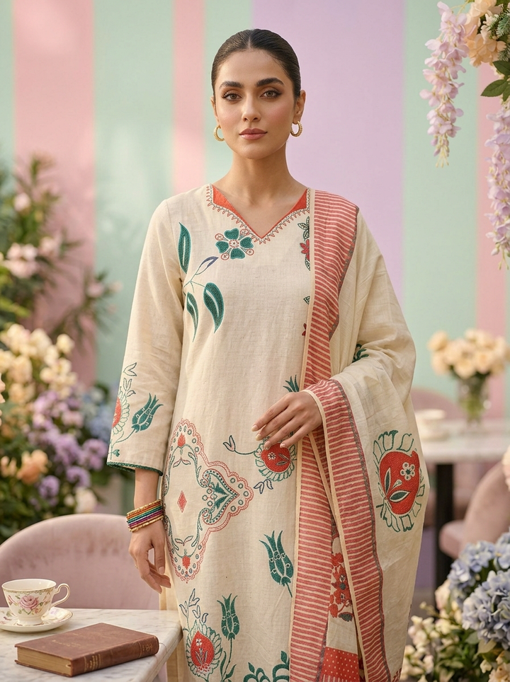 Neerus Beige cotton printed suit set - detail view 1