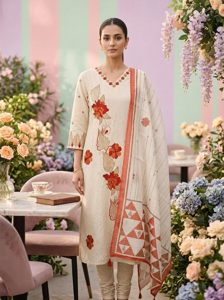 Neerus White cotton embroidered suit set - front view