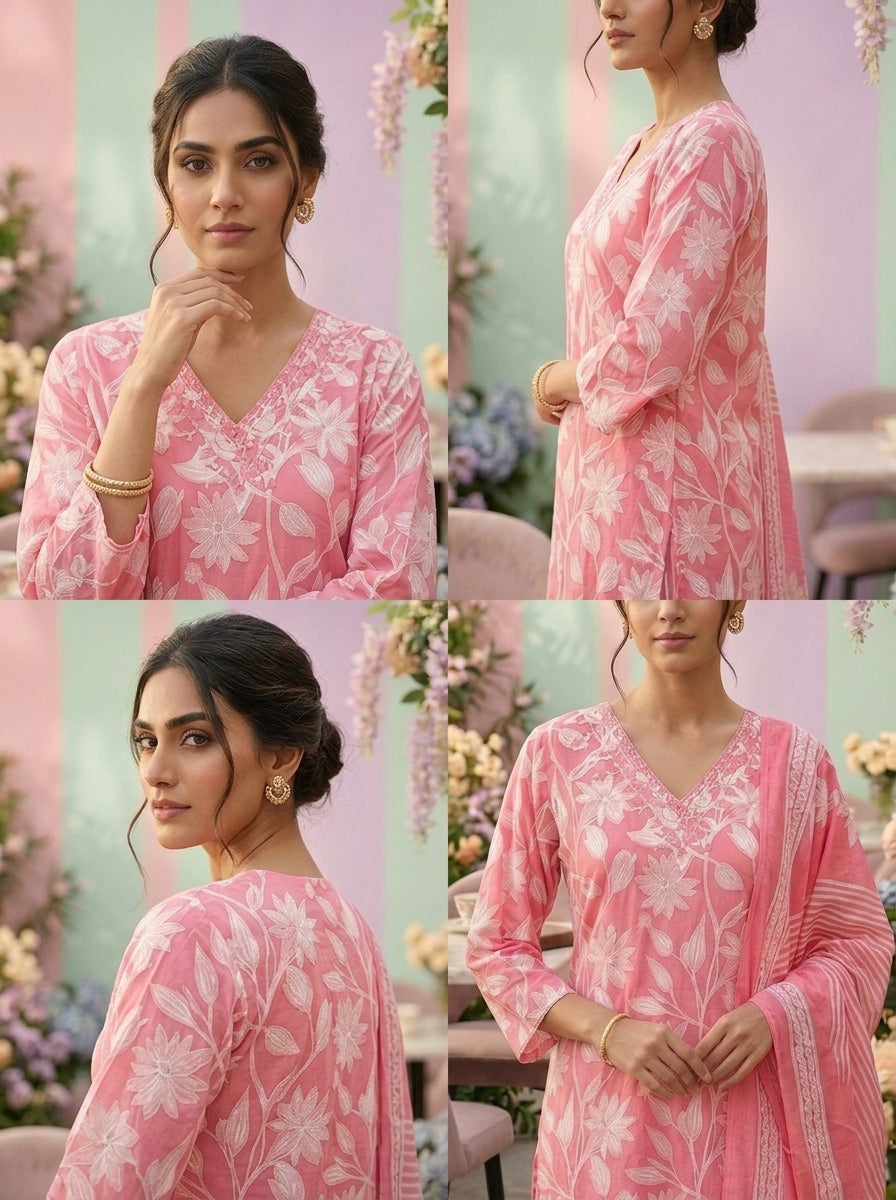 Neerus Pink cotton printed suit set - detail view 2