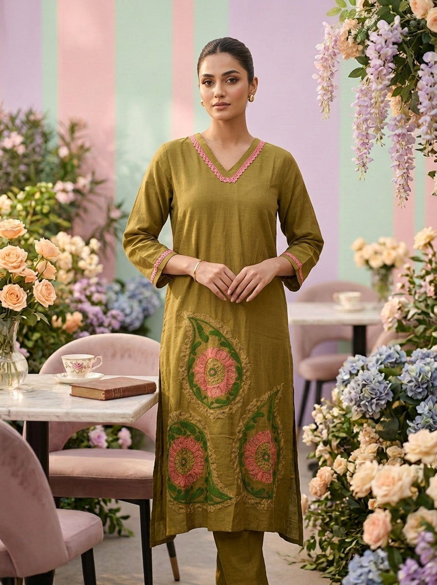 Neerus Green cotton printed kurta set - front view