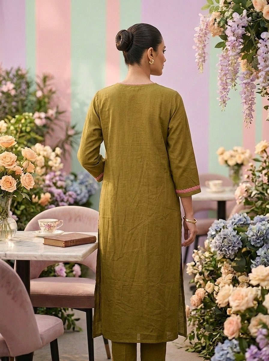 Neerus Green cotton printed kurta set - back view