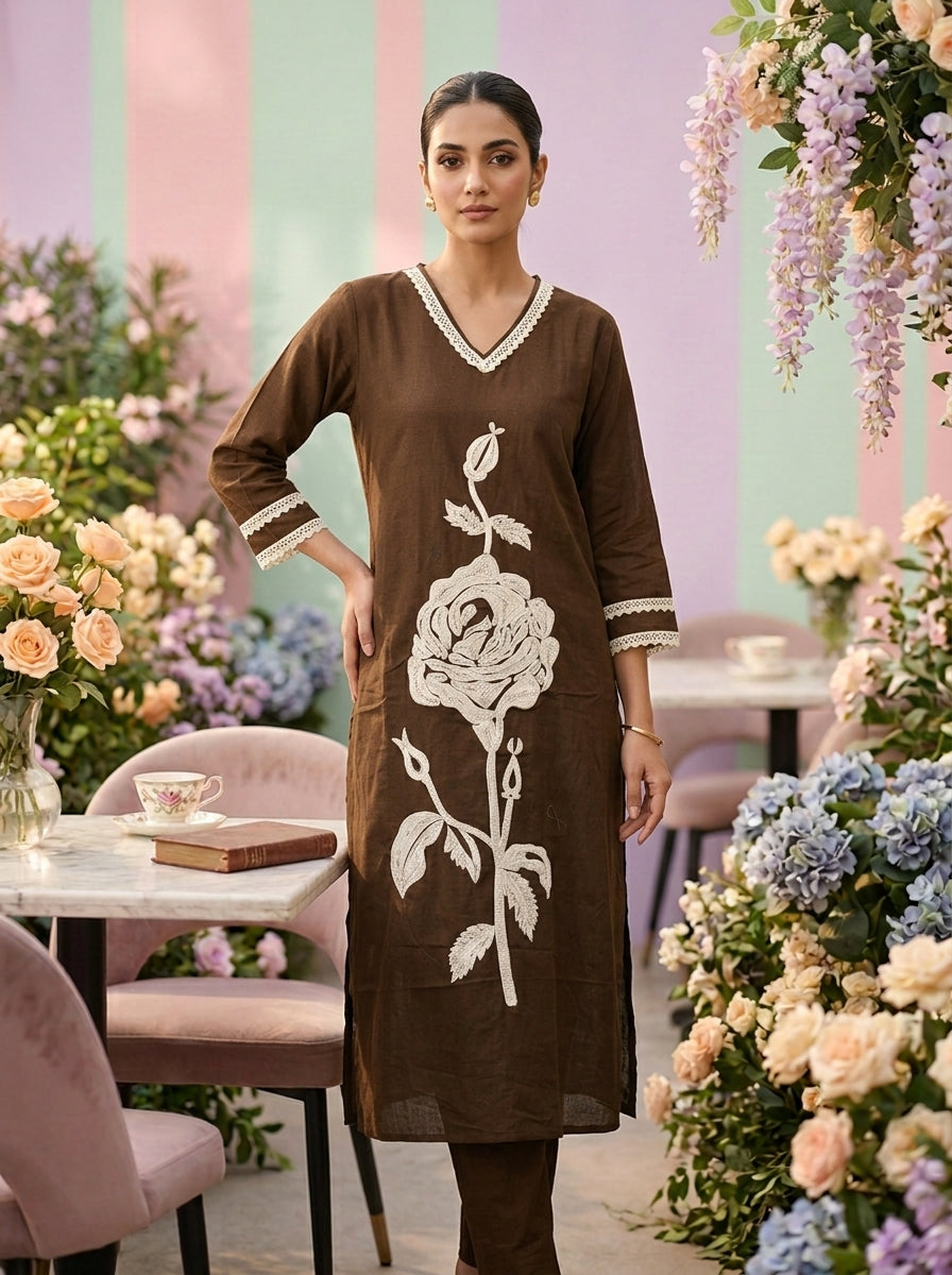 Neerus Brown cotton embroidered co-ord set - front view