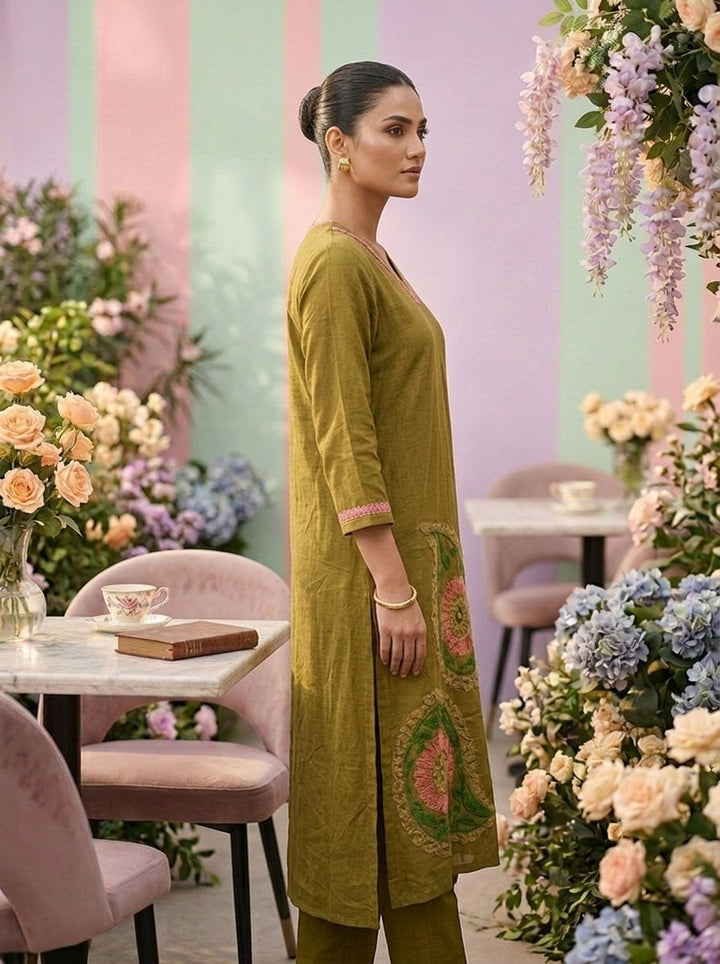 Neerus Green cotton printed kurta set - side view
