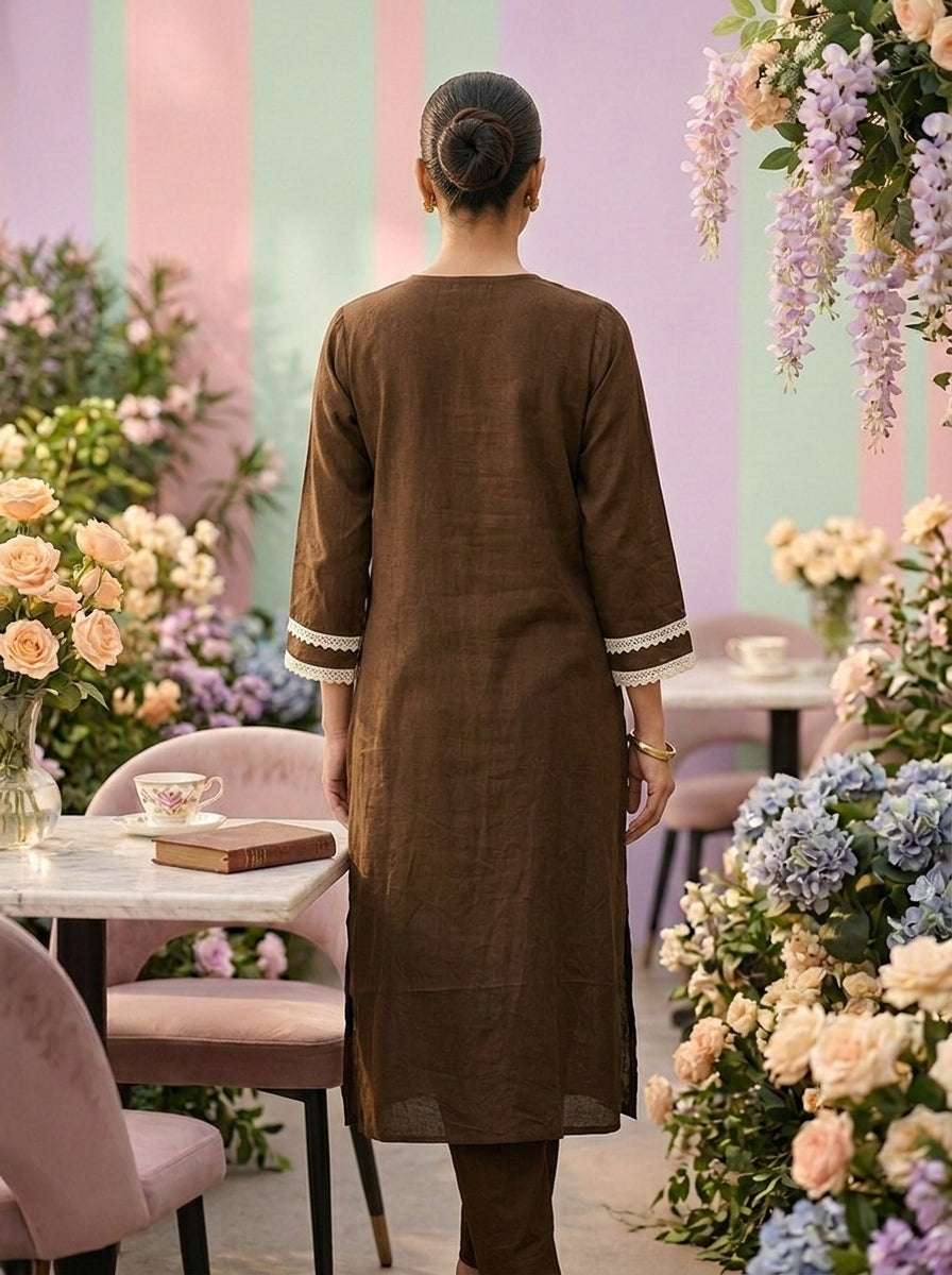 Neerus Brown cotton embroidered co-ord set - back view