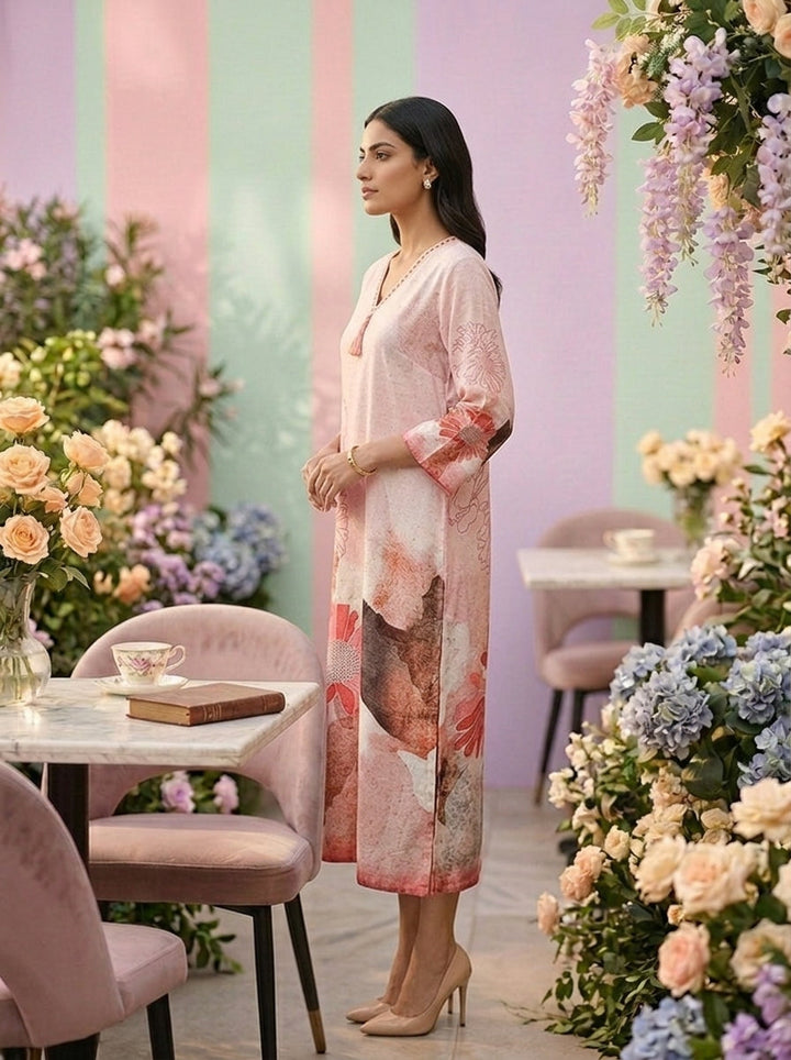 Neerus Orange linen printed kurti floral - side view