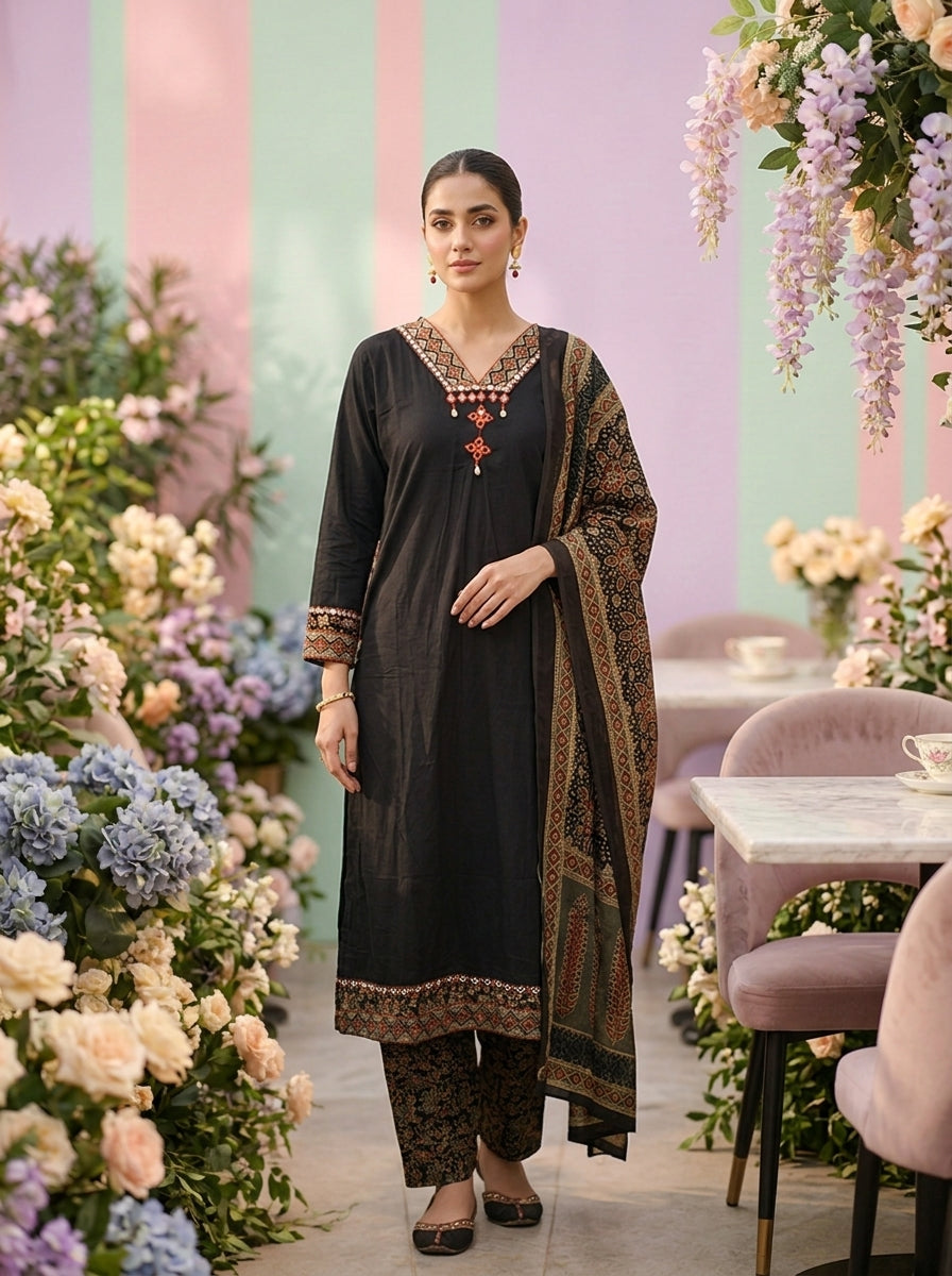 Neerus Black cotton printed suit set - front view