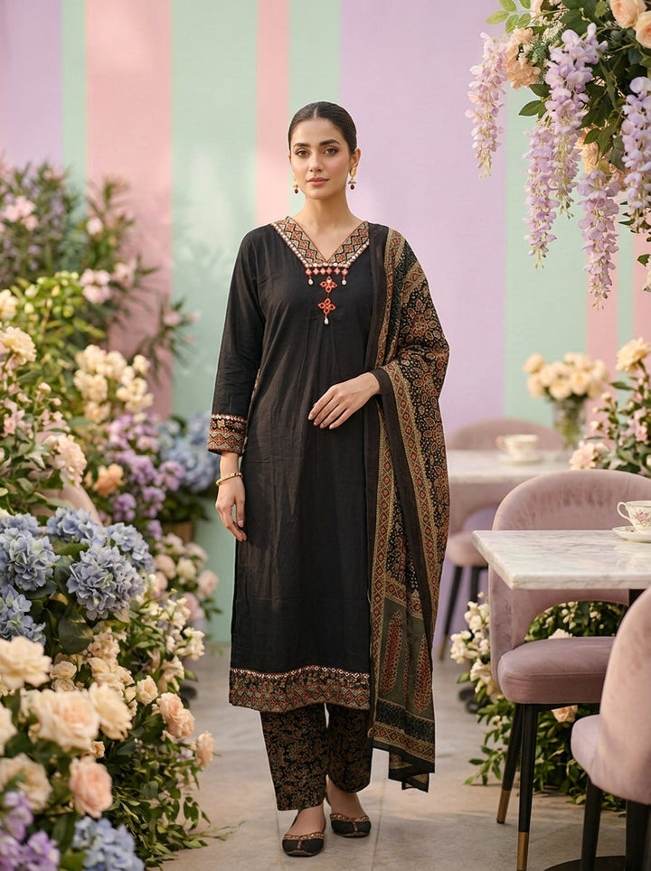 Neerus Black cotton printed suit set - front view