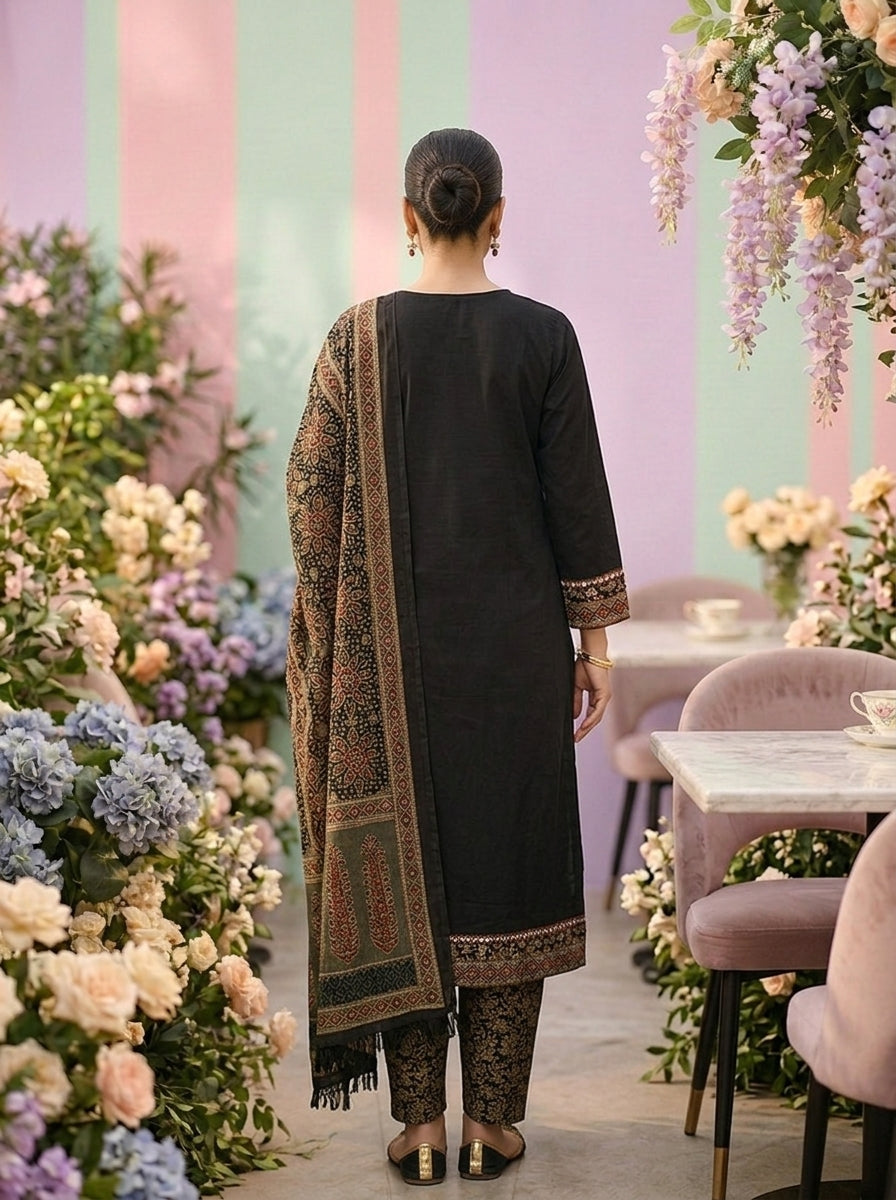 Neerus Black cotton printed suit set - back view