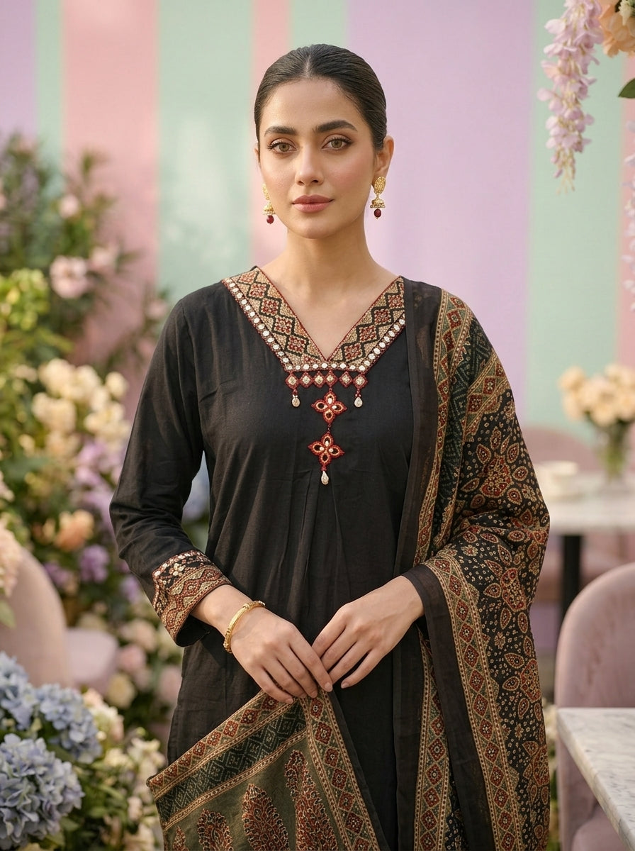 Neerus Black cotton printed suit set - detail view 1