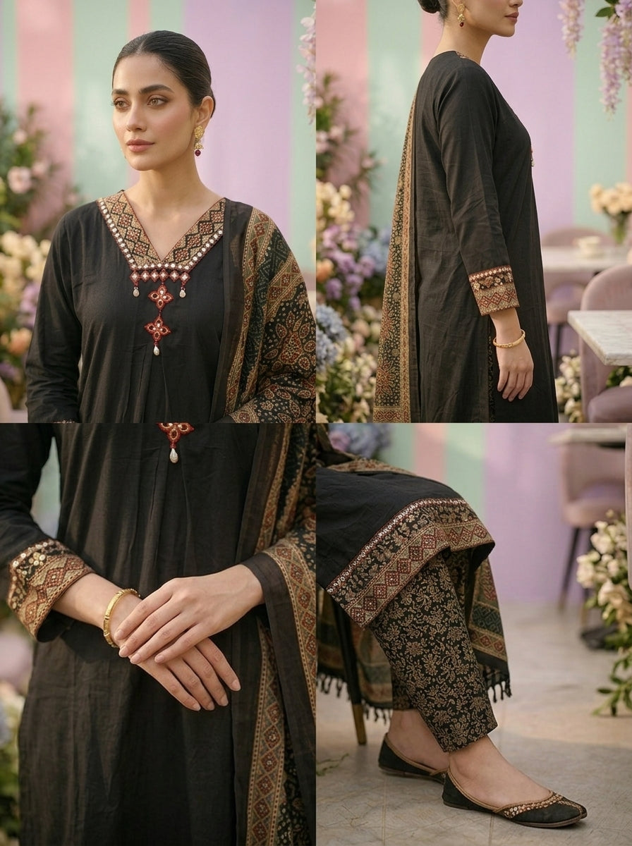 Neerus Black cotton printed suit set - detail view 2