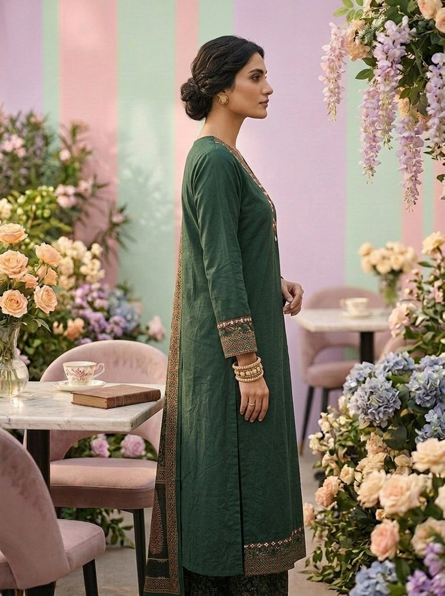 Neerus Green cotton printed suit set - side view