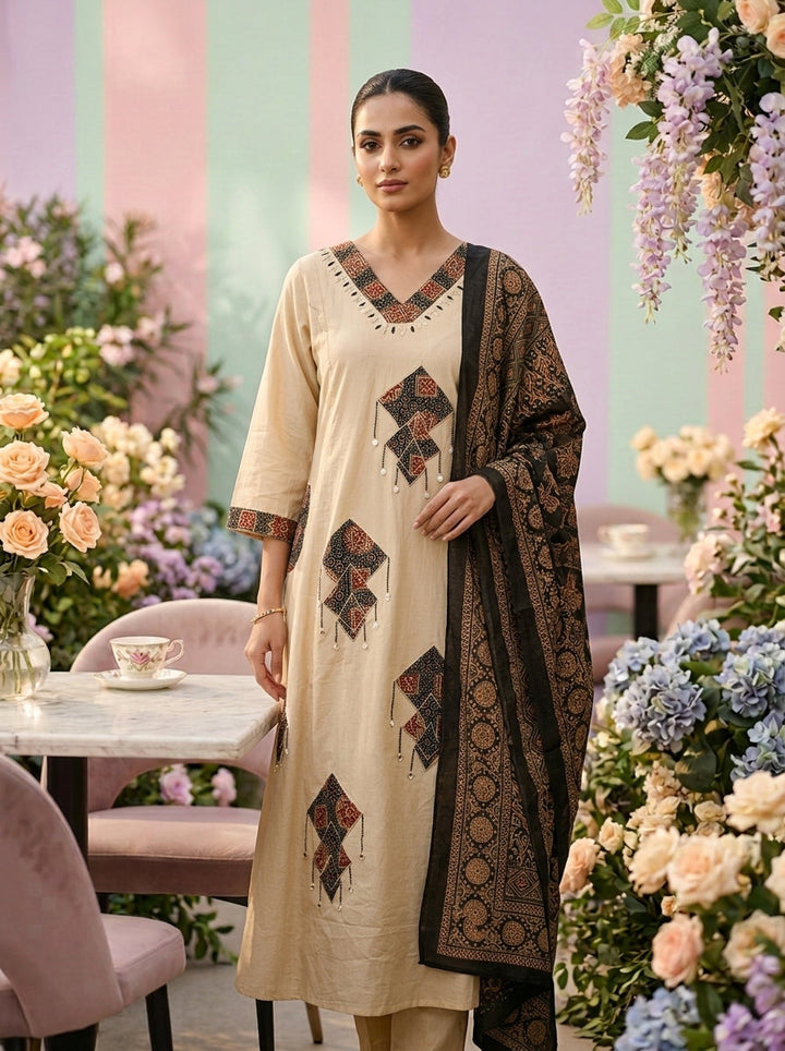 Neerus Beige cotton printed suit set - front view